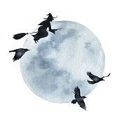 Watercolor vector Happy Halloween card isolated on a white background. Hand painted vector illustration with the moon, witch and black crows.