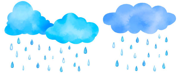귀여운 구름과 비가 내리는 수채화 벡터 그림. - 방울 일러스트 stock illustrations