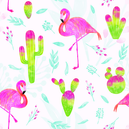 Watercolor vector seamless pattern of pink flamingo and cacti with bright pink and green colors isolated on white background. Tropical background, summer concept.