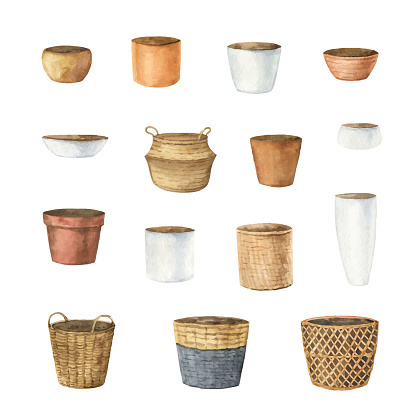 Watercolor vector set of ceramic pots of different shapes.Hand painted illustration for decor, stationary, postcards, packaging, kitchen and gardening. Decorative collection isolated on white background.
