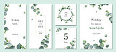 Watercolor vector set wedding invitation card template design with green eucalyptus leaves. Illustration for cards, save the date, greeting design, floral invite, menu .