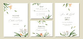 Watercolor vector set wedding invitation card template design with green leaves and flowers. Illustration for cards, save the date, greeting design, floral invite.