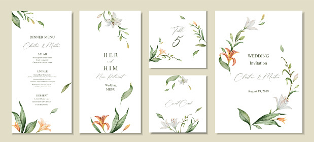 Watercolor vector set wedding invitation card template design with green leaves and flowers.