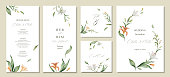 Watercolor vector set wedding invitation card template design with green leaves and flowers. Illustration for cards, save the date, greeting design, floral invite, menu .