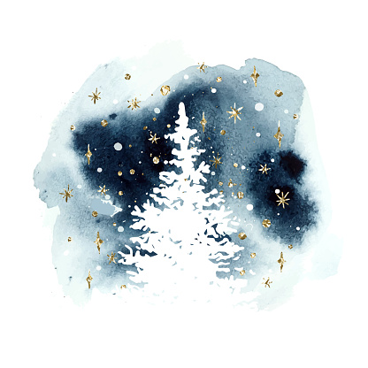 Watercolor vector silhouette of a white  Christmas tree. Christmas abstract watercolor illustration in blue and gold colors.