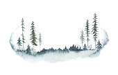 istock Watercolor vector winter forest landscape with fir trees. Hand painted illustration for greeting floral postcard and invitations isolated on white background. 1281050752
