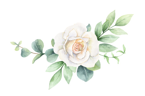Watercolor vector wreath of green branches and flowers isolated on a white background. Flower hand painted illustration for greeting cards, wedding invitations, banner with space for text and more.