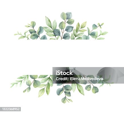 istock Watercolor vector wreath of green branches and leaves isolated on a white background. Flower hand painted illustration for greeting cards, wedding invitations, banner with space for text and more. 1322368952