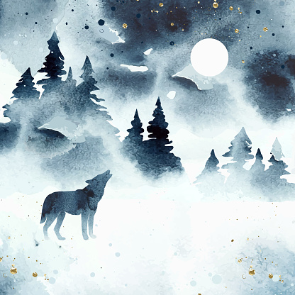 Watercolor winter magic vector landscape isolated on white dackground. Vector silhouette of wolf howling at the full moon. Forest and animal under night sky.