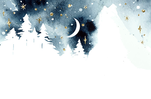 Watercolor winter magic vector landscape with forest under night sky. Christmas template. Coniferous forest, mountain, moon and abstract watercolor splashes. Place for text or illustration