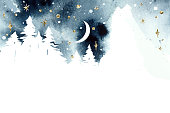 Watercolor winter magic vector landscape with forest under night sky. Christmas template. Coniferous forest, mountain, moon and abstract watercolor splashes. Place for text or illustration. Watercolor design for card, poster, banner, postcard