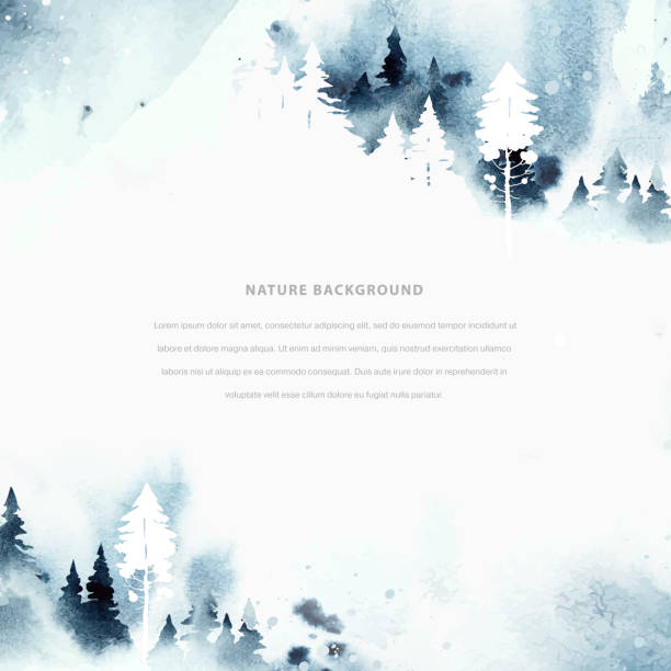 Watercolor winter vector template in blue and white colors. Coniferous forest, mountain and abstract watercolor vector splashes. Watercolor winter vector template in blue and white colors. Coniferous forest, mountain and abstract watercolor vector splashes. Hand drawn frame with place for text mountains in mist stock illustrations