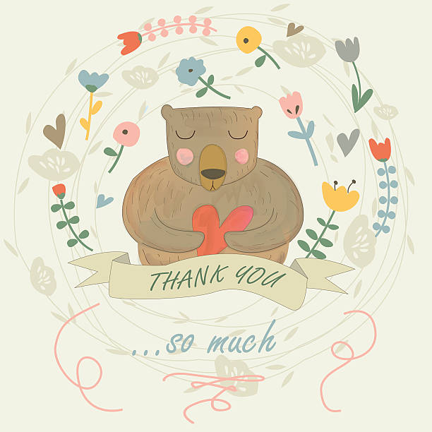 watercolorbear Thank you printable with cute flowers and bear in cartoon style. thank you kids stock illustrations