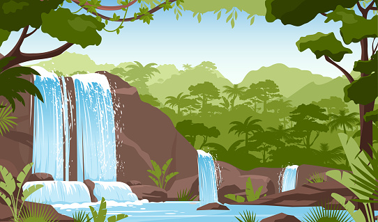 Waterfall in green jungle rainforest vector illustration. Cartoon tropical panoramic landscape with river water falling down from mountain rocks, fresh greenery of wild trees and bushes background
