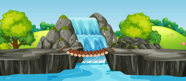 Waterfall in nature landscape illustration