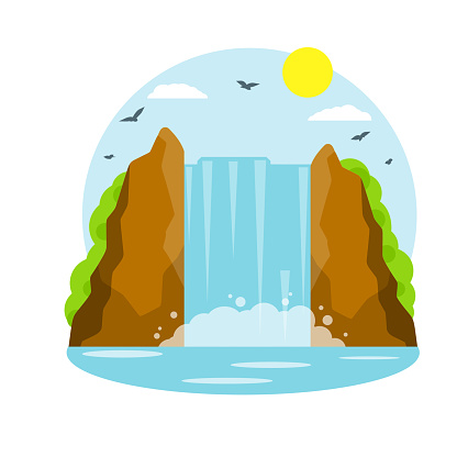 Waterfall on the mountain. Rocks and water. Tropical island. Summer season, Southern landscape. Cartoon flat illustration. Pond and lake. Water falls down