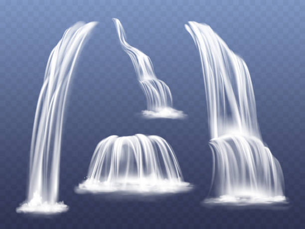 Waterfall water flow cascade vector illustration Waterfall or water cascade vector illustration. Isolated realistic set of flowing streams falling down from mountain rocks with splashes and spatters on transparent background cataract stock illustrations