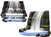 Set of two natural landscape scene for park garden and computer game design with waterfalls rocks and stones realistic isolated vector illustration