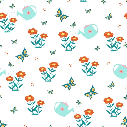 Watering can Flowers and butterflies seamless pattern. Vector print in flat style