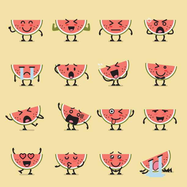 Watermelon character emoji set Watermelon character emoji set. Funny cartoon emoticons half happy half sad stock illustrations