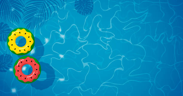 stockillustraties, clipart, cartoons en iconen met watermeloen opblaasbare in zwembad met tropische schaduw laat vakantie zomer vectorillustratie - zwembad