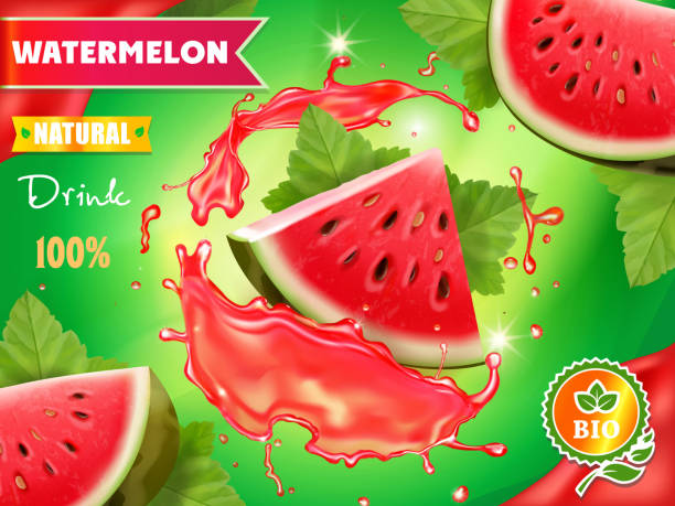 арбузный сок рекламирует реалистичный дизайн упаковки. - watermelon splash ...