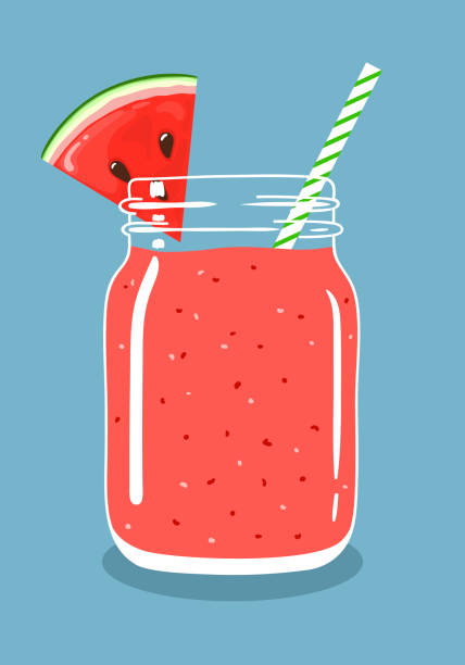 Watermelon smoothie in mason jar with slice of watermelon and swirled straw. Vector hand drawn illustration. Watermelon juice smoothie in mason jar with slice of fresh watermelon and swirled straw isolated on background. Fresh natural healthy fruit and berry drink. Vector hand drawn illustration eps10. watermelon juice stock illustrations