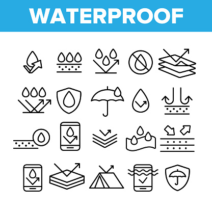 Waterproof, Water Resistant Materials Vector Linear Icons Set. Waterproof, Surface Protection Outline Cliparts. Hydrophobic Fabric Pictograms Collection. Anti Wetting Material Thin Line Illustration