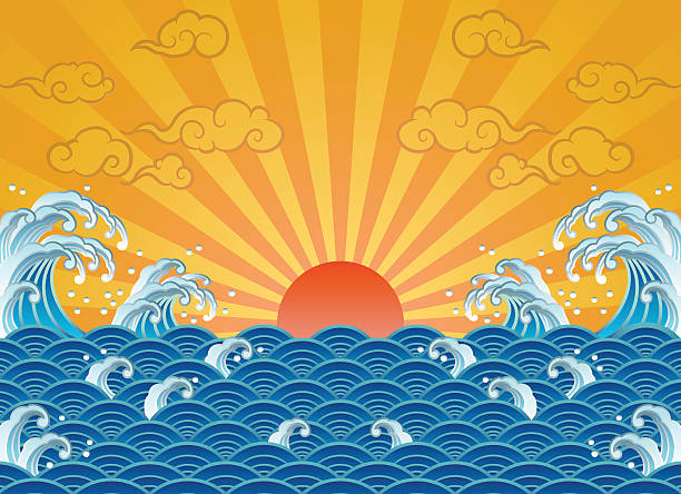 wave and sun vector art illustration