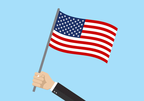 미국 흔들리는 플래그입니다. 미국 국기를 들고 손. 미국의 국가 상징. 벡터 그림입니다. - 손 흔들기 stock illustrations