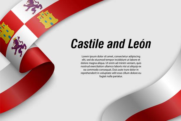 Waving ribbon or banner with flag Communities of Spain Waving ribbon or banner with flag of Castile and Leon. Community of Spain. Template for poster design castilla y león stock illustrations