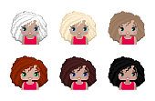 wavy hair of medium length of different shades, ash blonde, blonde, brown, red, brown, black. Pattern without a face
