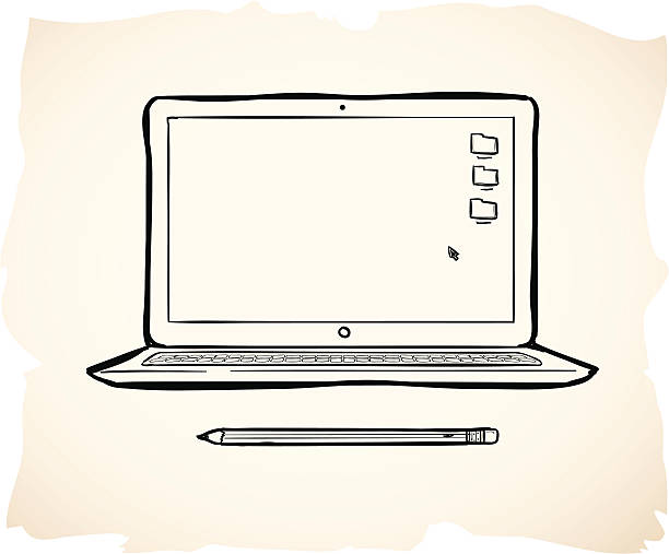 Wavy illustration of pencil and laptop over pink Hand drawn laptop and pencil illustration. Keyboard, computer, screen, and pencil are all on separate layers. laptop drawings stock illustrations
