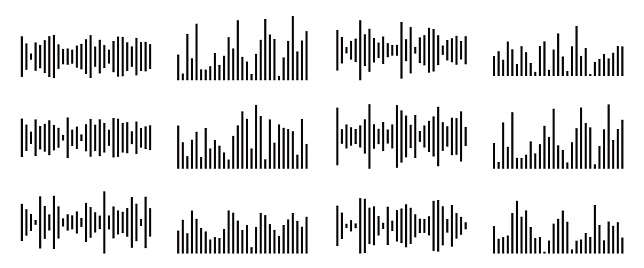 Sound wave collection. Random audio soundwave line. Black waveform equalizer set