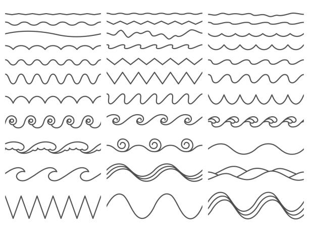Wavy lines. Wiggly border, curved sea wave and seamless billowing ocean waves vector illustration set Wavy lines. Wiggly border, curved sea wave and seamless billowing ocean waves. Wiggle parallel waves, squiggle horizontal wave border. Vector illustration isolated icons set wave water borders stock illustrations