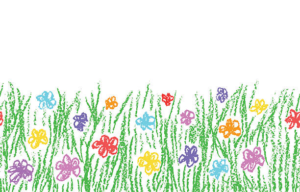 Wax crayon hand drawn green grass with color flower Seamless kid`s drawn background banner. Vector pastel chalk copyspace design element. flowerbed illustrations stock illustrations