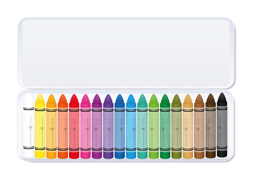Wax pastel crayons, colorful set in a white metal box sorted by color. Isolated vector illustration on white background.