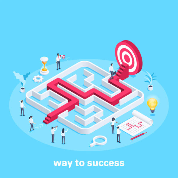 way to success isometric vector image on a blue background, people in business clothes go through the maze, the path to the goal or success, teamwork and business strategy maze stock illustrations