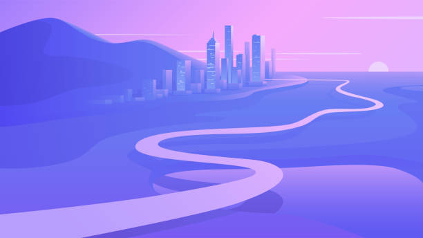 Way to the Downtown at Sunset. Contemporary Futuristic Landscape. Road Trip & Journey Route Wallpaper. Modern Artistic Cityscape Panoramic View. Flat Vector Illustration. Eps 10 Way to the Downtown at Sunset. Contemporary Futuristic Landscape. Road Trip & Journey Route Wallpaper. Modern Artistic Cityscape Panoramic View. Flat Vector Illustration. Eps10 futuristic illustrations stock illustrations