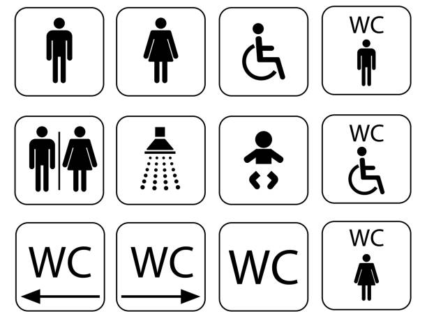 wc sign icons , toilet and restroom symbol set  - wc sign icons , toilet and restroom symbol set bathroom door signs drawing stock illustrations