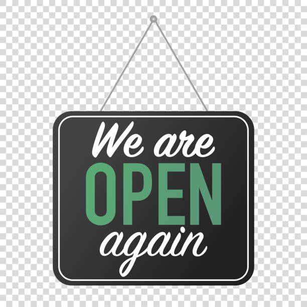 we are open again sign. grand reopening corona quarantine. business welcome back. we are open again sign. grand reopening corona quarantine. business welcome back.  door hanging open stock illustrations