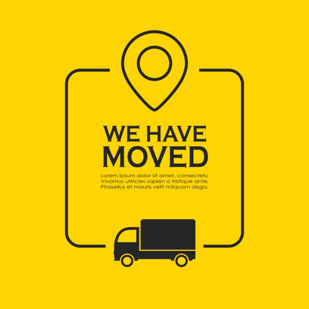 We have moved vector poster We have moved vector poster on yellow background. Mover service information text box. truck borders stock illustrations