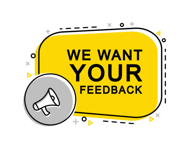 bildbanksillustrationer, clip art samt tecknat material och ikoner med vi vill ha din feedback banner med megafon och laptop. reklam, marknadsföring. - survey