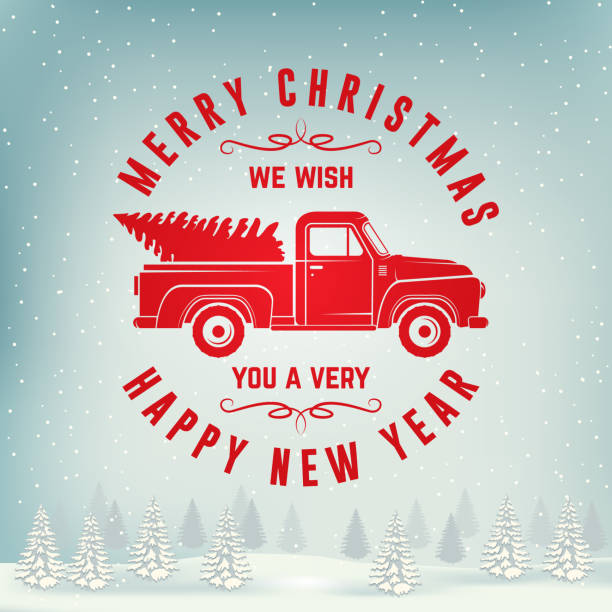 We wish you a very Merry Christmas and Happy New Year stamp sticker with classic red christmas ttruck. Vector. Vintage typographic design for xmas, new year emblem in retro style with pickup. We wish you a very Merry Christmas and Happy New Year stamp, sticker with classic red christmas ttruck. Vector. Vintage typographic design for xmas, new year emblem in retro style with pickup. car borders stock illustrations