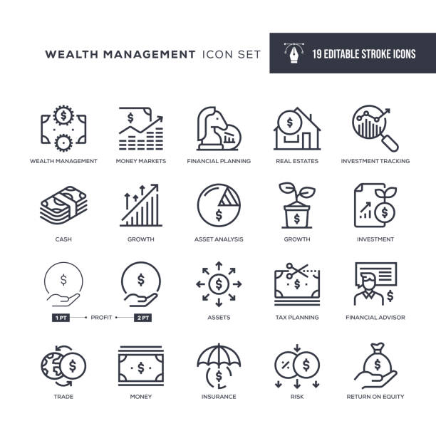 Wealth Management Editable Stroke Line Icons vector art illustration