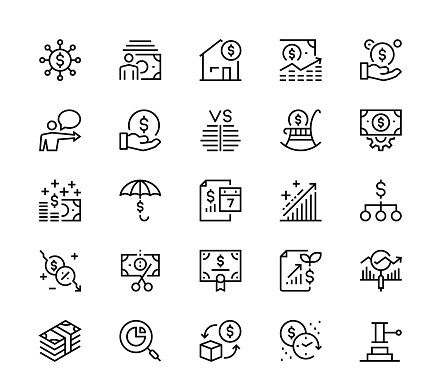 24 x 24 pixel high quality editable stroke line icons. These 25 simple modern icons are about wealth management.