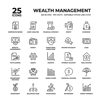 Wealth Management Vector Style Editable Stroke Thin Line Icons on a 32 pixel grid with 1 pixel stroke width. Unique Style Pixel Perfect Icons can be used for infographics, mobile and web and so on.