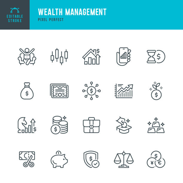 wealth management - zestaw ikon wektorowych cienkich linii. piksel idealny. zestaw zawiera ikony: dane giełdowe, złoto, strategia biznesowa, skarbonka, inwestycje, gospodarka, podatek. - stock market stock illustrations