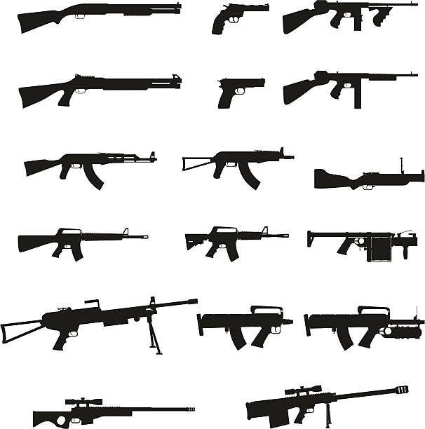 сбор оружия и оружие набор иконок, черный силуэт векторная иллюстрация - gun stock illustrations