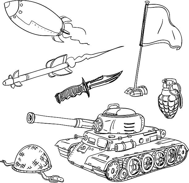 Weapon collection in black and white Weapon collection in sketch style, black and white military drawings stock illustrations
